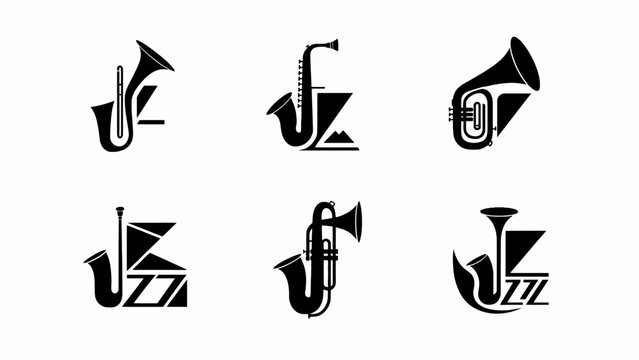 Set of abstract jazz musical instrument icons, saxophone, trumpet, tuba, trombone silhouettes