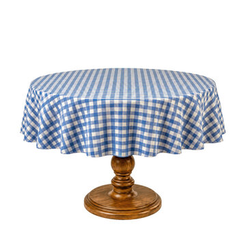 Round Pedestal Table With Blue Gingham Tablecloth Mockup