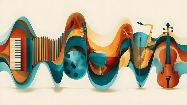 Vibrant abstract illustration of classic musical instruments integrated into dynamic sound wave patterns, capturing the harmonious essence of rhythm and melody