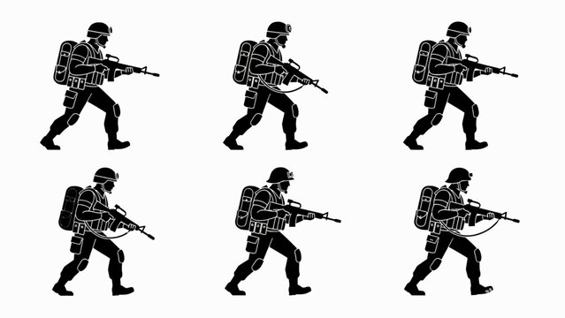 Silhouette Soldiers Marching with Rifles, Military Action Figures, Vector Illustration