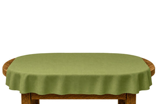 Round Table With Green Linen Tablecloth Mockup