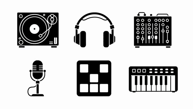 Set of music production icons: turntable, headphones, mixer, microphone, sampler, keyboard