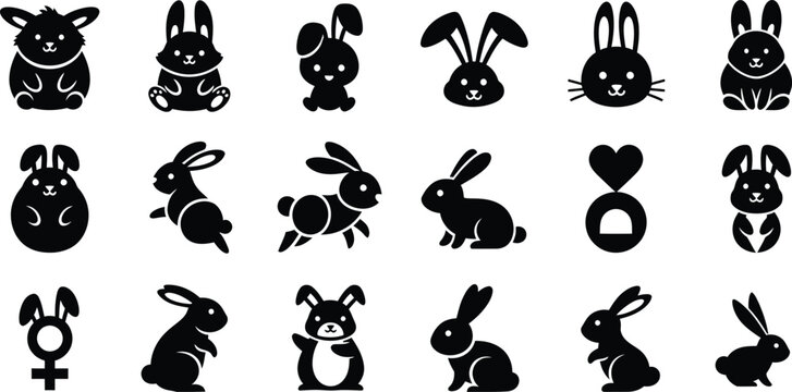 Cute bunny and rabbit glyph icon set featuring cartoon Easter animal characters and gender symbols