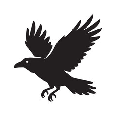 Fototapeta premium Black silhouette of a crow flying with wings spread wide silhouette wildlife illustration isolated