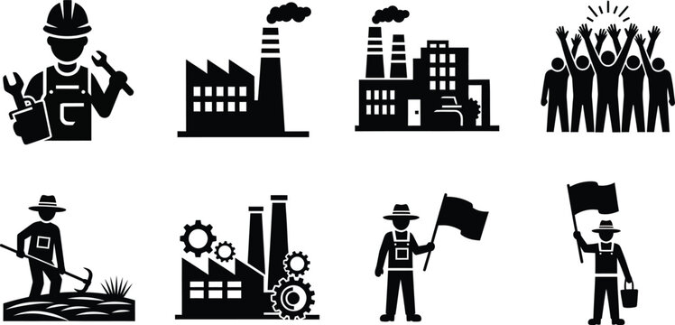 Labor day holiday celebration glyph icon set featuring industrial factory workers farmers and protest demonstration symbols