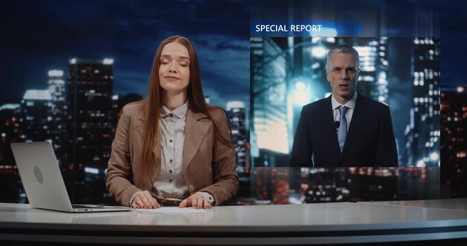 Woman Host Talking With Reporter During News. Advanced Virtual Communication Technology Brings Journalist From Urban Location in Studio Through Realistic VFX Projection, Immersive Broadcast Graphics.