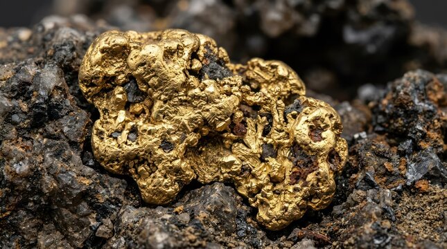 Shiny gold nugget resting on dark rough rock