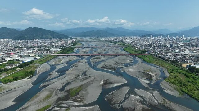 Aerial drone footage of Abekawa River braided channel and Shizuoka cityscape