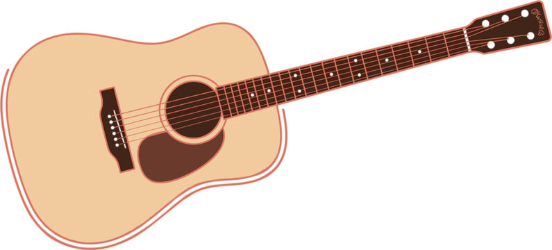 Acoustic guitar vector illustration featuring classic wooden musical instrument with strings fretboard body isolated on white background.