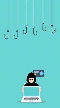 Hacker with laptop computer stealing confidential data, personal information and credit card detail. Hacking concept.