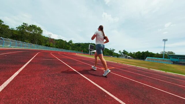 First Person FPV Drone Chasing a Woman Running Around a Stadium Track, Ultra Low Flight, Wide Angle Perspective, Dynamic Fitness Training, Speed and Endurance
