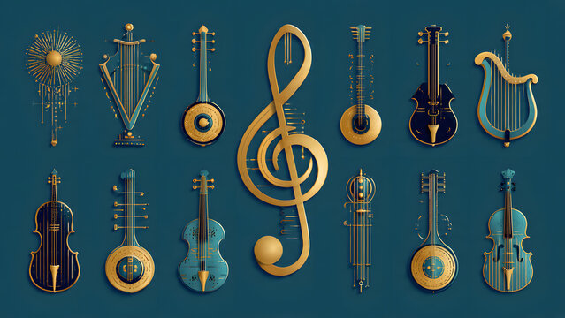 Ornate Collection of Stylized Ancient and Fantasy Musical Instruments in a Harmonious Gold and Teal Palette, Perfect for Elegant Graphic Design