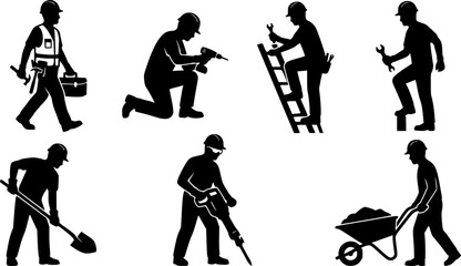 Fototapeta premium Silhouettes of Construction Workers with Tools, Silhouette Set of Construction Workers 