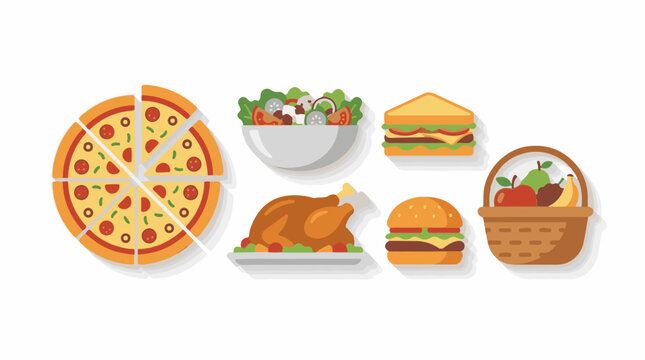 Assortment of popular food items including pizza salad sandwich roast burger and fruit