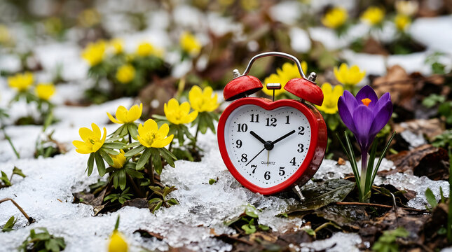 Red heart alarm clock with purple crocus and yellow flowers in snow image