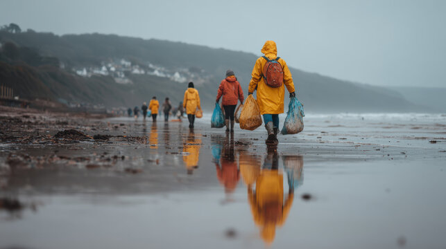 Group of environmental volunteers carrying collected waste along beach shoreline during community conservation project