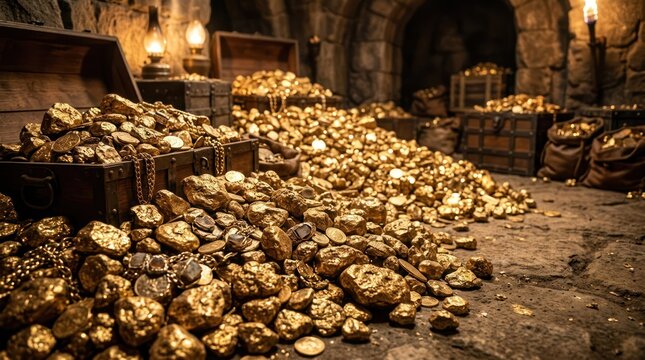 Ancient treasure coins in dim underground cavern