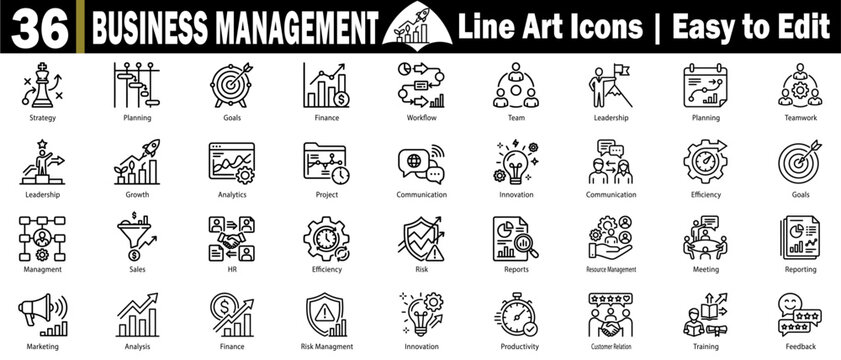 Business management line art icons set. Collection of strategic planning, growth analytics, teamwork, and professional workflows. vector illustration.