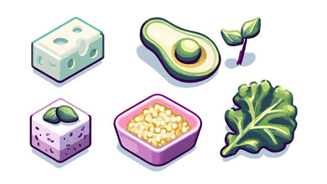 Isometric vector elements of fresh, healthy food items like cheese, avocado, and greens, perfect for modern digital design focused on nutrition and culinary themes