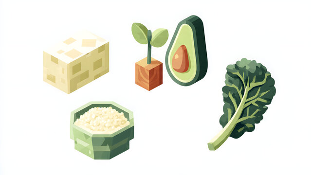 Isometric illustration of healthy plant-based foods tofu, avocado, kale, sprouts, rice. Promoting nutrition, wellness, and a balanced vegan diet