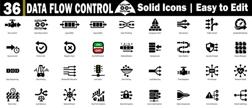 Network data flow control solid icon set. Featuring traffic management protocols and server optimization elements, vector illustration.