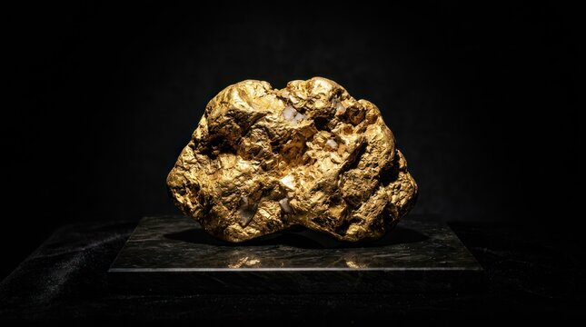 Golden rough mineral rock specimen on dark pedestal
