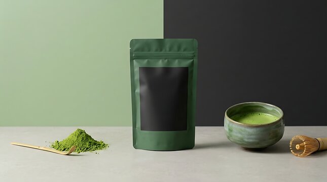 Matcha tea set with a green stand-up pouch, matcha powder, a bamboo scoop, a bowl of prepared tea, and a whisk on a split color background