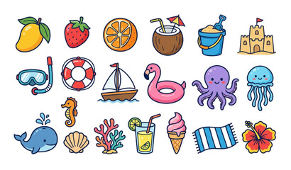 Hand Drawn Summer Doodle Icon Pack with Tropical Food Beach Accessories and Ocean Animals © Rasadul