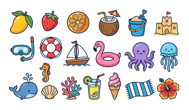 Hand Drawn Summer Doodle Icon Pack with Tropical Food Beach Accessories and Ocean Animals