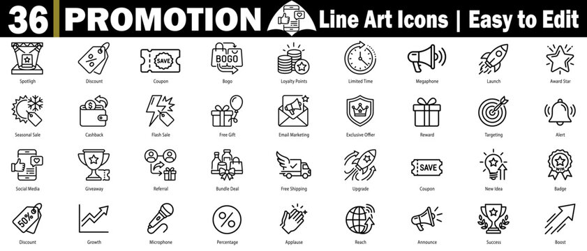 Promotion icon set. Spotlight discount coupon bogo loyalty points, limited-time, megaphone launch award star, promotion icons. vector illustration.