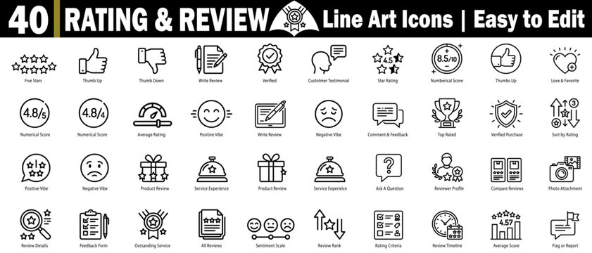 Rating & review icon set. Five stars, thumb up, thumb down, write review, verified customer testimonial star rating numerical score icons vector illustration.