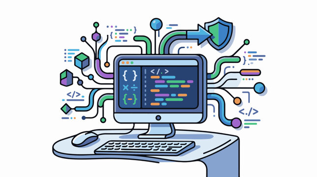 Stylized computer setup shows code data flow and security