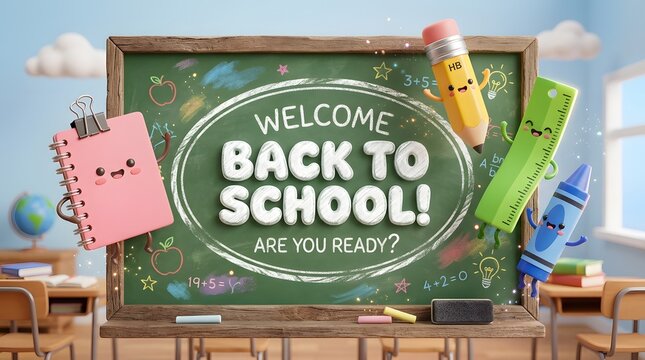 Welcome back to school themed chalkboard with stationery and school supplies creating a colorful learning environment for students