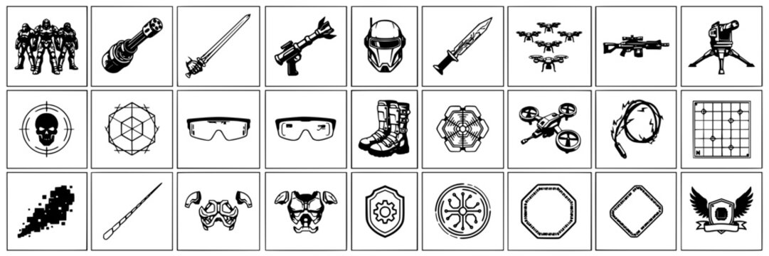 Cyberpunk Icons Featuring Mechs, Weapons, Armor, and Futuristic Symbols in a Grid Layout Featuring Mech, Design, Vector