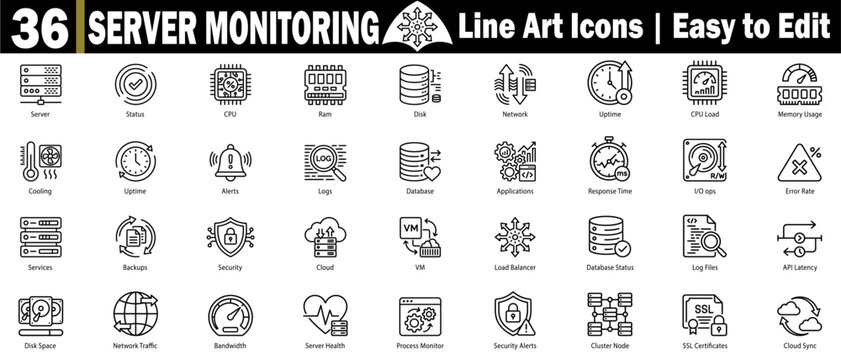 Server monitoring line icons for web hosting, performance, cloud infrastructure, and network management tools. vector illustration.