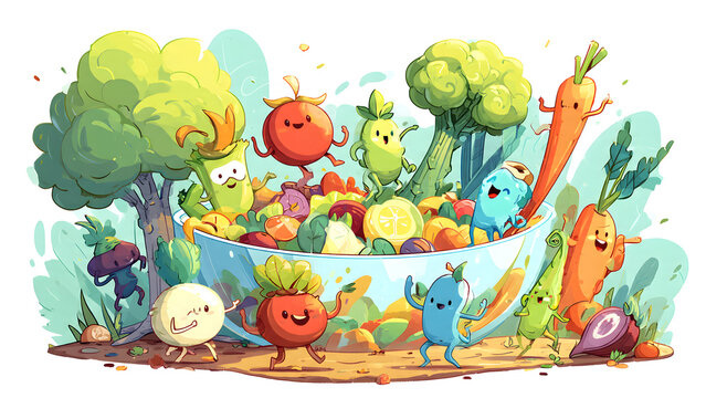 Cheerful illustration of animated vegetables and fruits celebrating a fresh salad, symbolizing the joy and benefits of nutritious, plant-based eating and a wholesome lifestyle