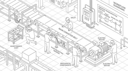 Fototapeta premium Isometric line drawing of a factory conveyor belt system with workers performing maintenance and operation.