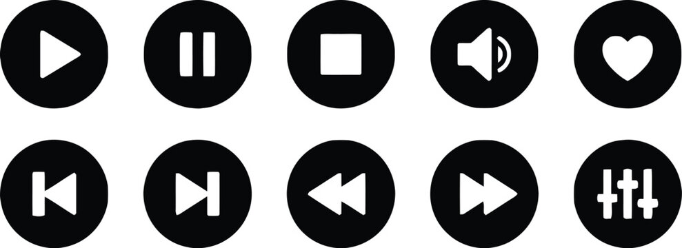 Video and audio play and pause button collection. play and pause buttons icon for media player. Media control icon set. Media Player Button set. Video and audio player sign. play, pause, stop icons.