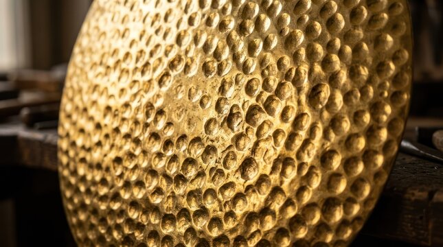 Close up of hammered brass texture in warm light