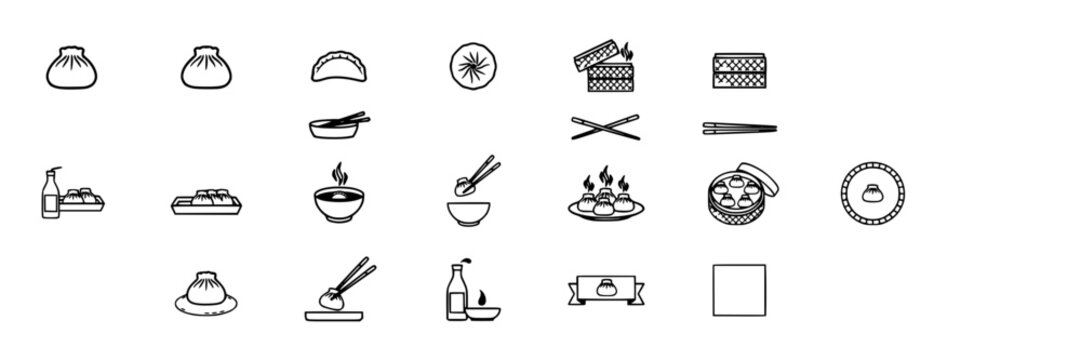Dumpling Icons Set of Steamed Dumplings and Related Cuisine Items, Minimal Line Art Food Illustration for Menu and Infographic