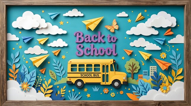Charming paper cut illustration of a school bus with paper airplanes and clouds against a teal background in a wooden frame