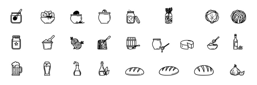 Fermentation Icon Set Featuring Kombucha, Jars, Bottles, Scoops, and Fermentation Culture Symbols for Wellness and Food Design