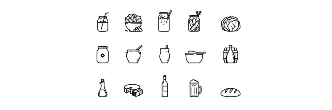 Fermentation Icons Set Featuring Kombucha, Bottles, Barrels, Jars, and Ingredients in Clean Line Art on White Background