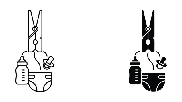 Black and white vector of baby feeding equipment with a clothes peg