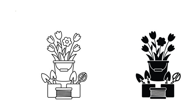 black and white vector illustration of a flower pot with flowers and tools