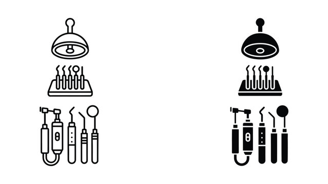 Black and white dental tools and lamp vector illustration isolated on white background