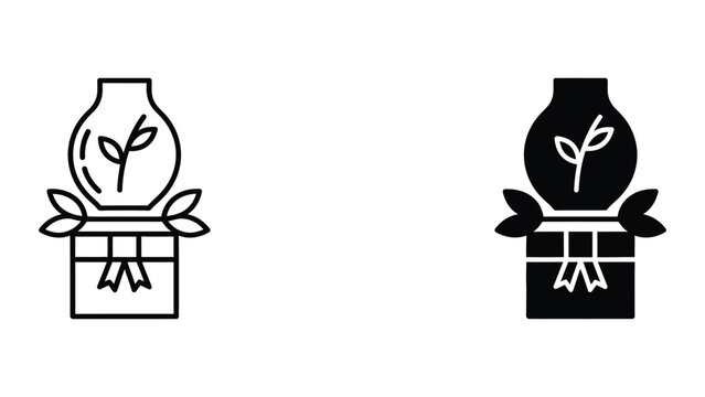 Black and white potted plant and gift box vector illustration isolated on white background