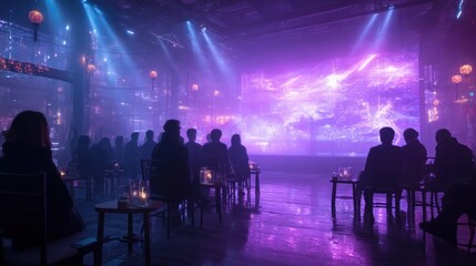 Naklejka premium Energetic Live Show Featuring Vibrant Lighting And Engaged Audience In A Contemporary Performance Space