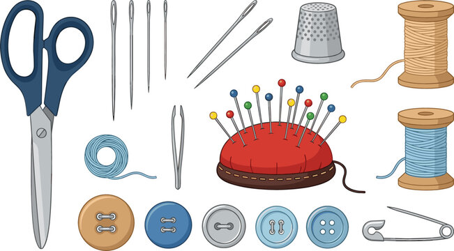 Sewing and Tailoring Supplies Vector Icon Set with Scissors, Thread Spools, Pin Cushion, Needles, Buttons, and Thimble for Crafting Graphic Designs