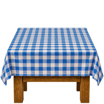 Square Table With Blue Gingham Tablecloth Mockup